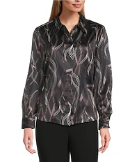 Investments Petite Size Distressed Diamond Long Sleeve Point Collar Button Front Top