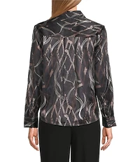 Investments Petite Size Distressed Diamond Long Sleeve Point Collar Button Front Top