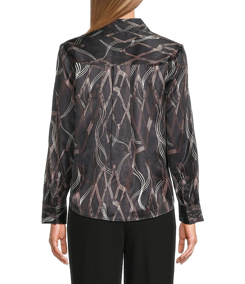 Investments Petite Size Distressed Diamond Long Sleeve Point Collar Button Front Top