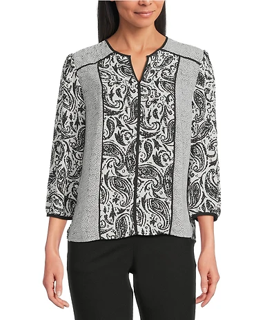 Investments Petite Size Dotted Paisley Mixed Print Woven 3/4 Sleeve Split Round Neck Blouse