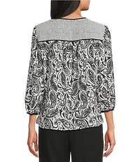 Investments Petite Size Dotted Paisley Mixed Print Woven 3/4 Sleeve Split Round Neck Blouse