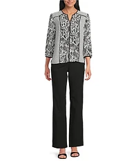 Investments Petite Size Dotted Paisley Mixed Print Woven 3/4 Sleeve Split Round Neck Blouse