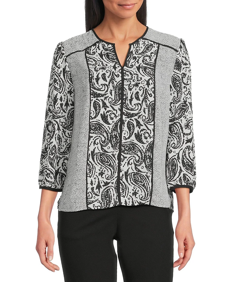 Investments Petite Size Dotted Paisley Mixed Print Woven 3/4 Sleeve Split Round Neck Blouse