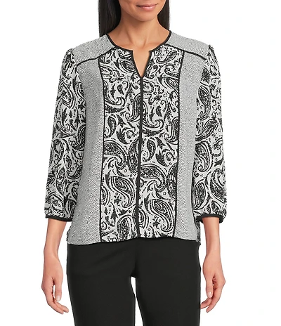 Investments Petite Size Dotted Paisley Mixed Print Woven 3/4 Sleeve Split Round Neck Blouse