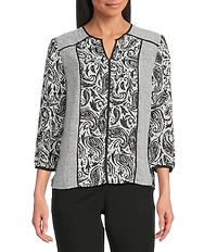 Investments Petite Size Dotted Paisley Mixed Print Woven 3/4 Sleeve Split Round Neck Blouse