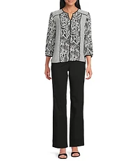Investments Petite Size Dotted Paisley Mixed Print Woven 3/4 Sleeve Split Round Neck Blouse