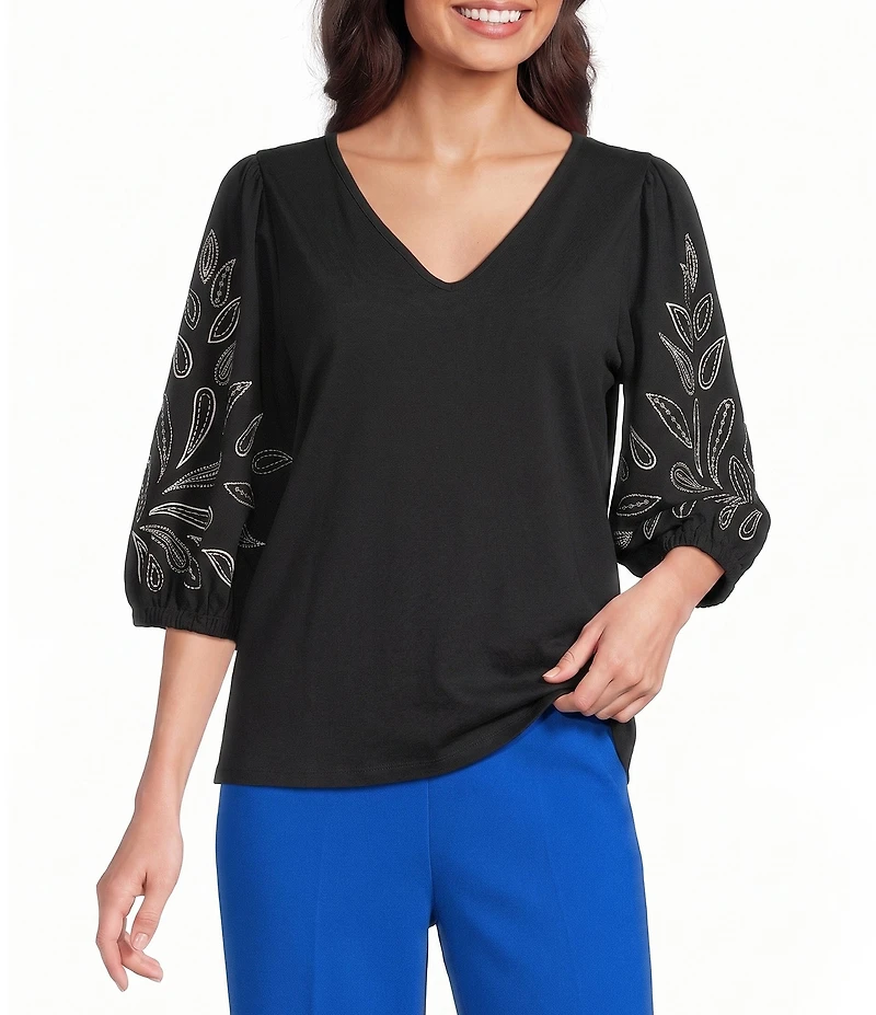 Investments Petite Size Elbow Sleeve Embroidery V-Neck Knit Top