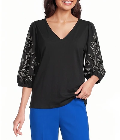 Investments Petite Size Elbow Sleeve Embroidery V-Neck Knit Top