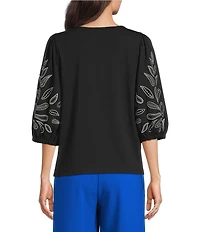 Investments Petite Size Elbow Sleeve Embroidery V-Neck Knit Top
