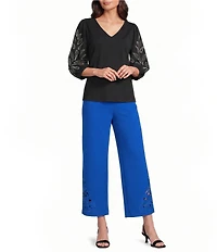 Investments Petite Size Elbow Sleeve Embroidery V-Neck Knit Top