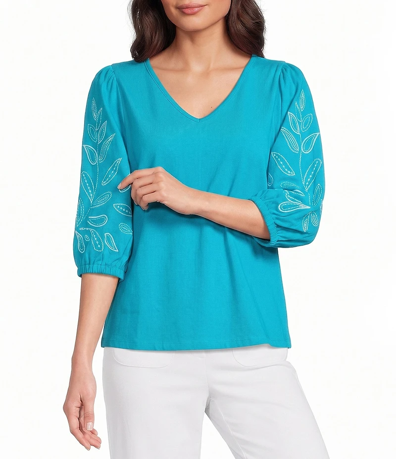 Investments Petite Size Elbow Sleeve Embroidery V-Neck Knit Top