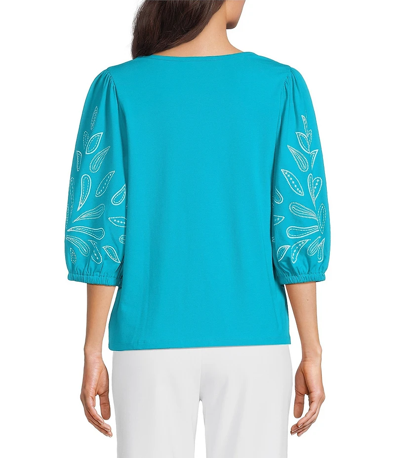 Investments Petite Size Elbow Sleeve Embroidery V-Neck Knit Top