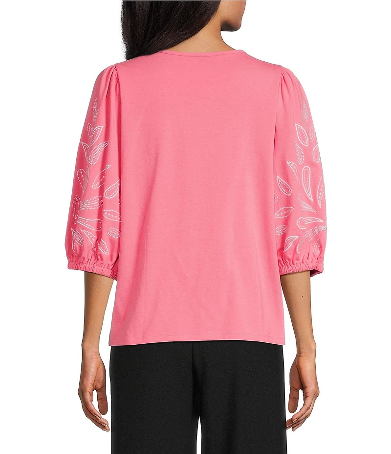 Investments Petite Size Elbow Sleeve Embroidery V-Neck Knit Top