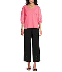 Investments Petite Size Elbow Sleeve Embroidery V-Neck Knit Top