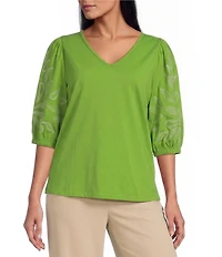 Investments Petite Size Elbow Sleeve Embroidery V-Neck Knit Top