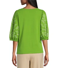 Investments Petite Size Elbow Sleeve Embroidery V-Neck Knit Top