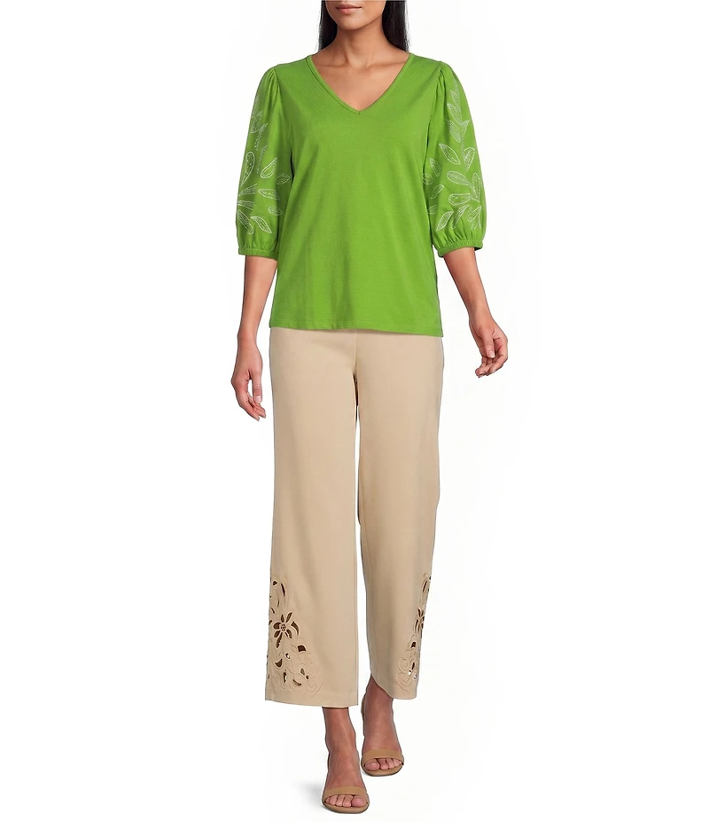 Investments Petite Size Elbow Sleeve Embroidery V-Neck Knit Top