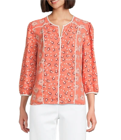 Investments Petite Size Geo Bouquet Mixed Print Woven 3/4 Sleeve Split Round Neck Blouse