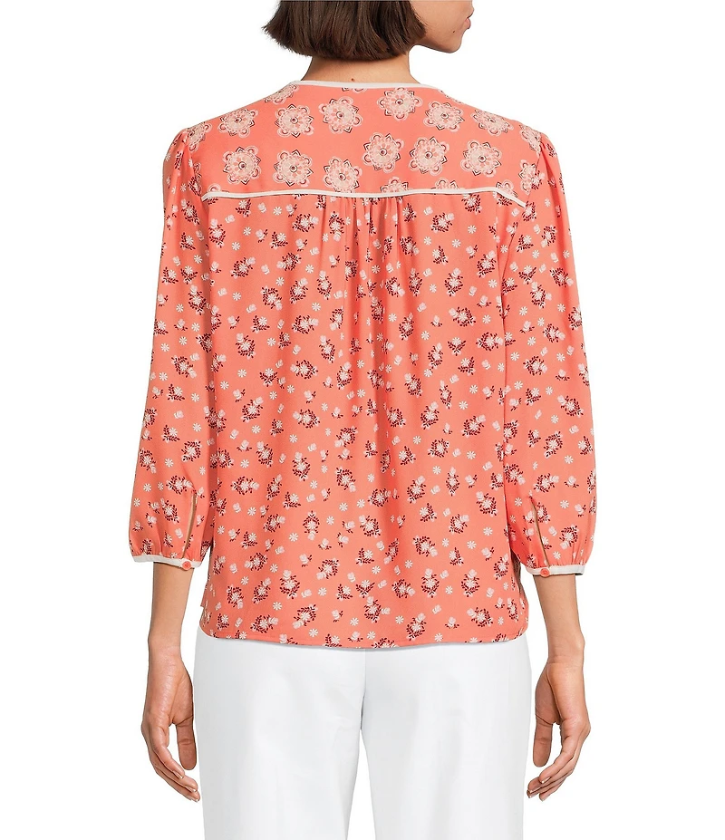 Investments Petite Size Geo Bouquet Mixed Print Woven 3/4 Sleeve Split Round Neck Blouse