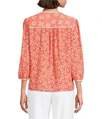 Investments Petite Size Geo Bouquet Mixed Print Woven 3/4 Sleeve Split Round Neck Blouse