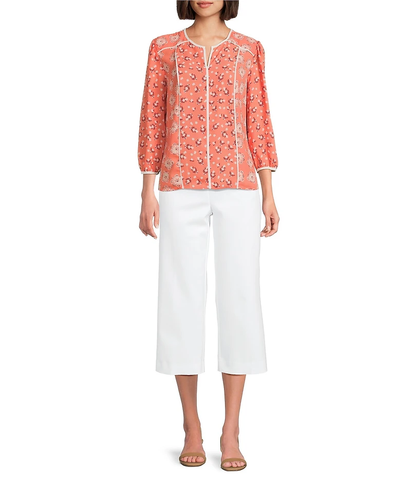 Investments Petite Size Geo Bouquet Mixed Print Woven 3/4 Sleeve Split Round Neck Blouse