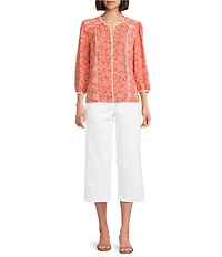 Investments Petite Size Geo Bouquet Mixed Print Woven 3/4 Sleeve Split Round Neck Blouse