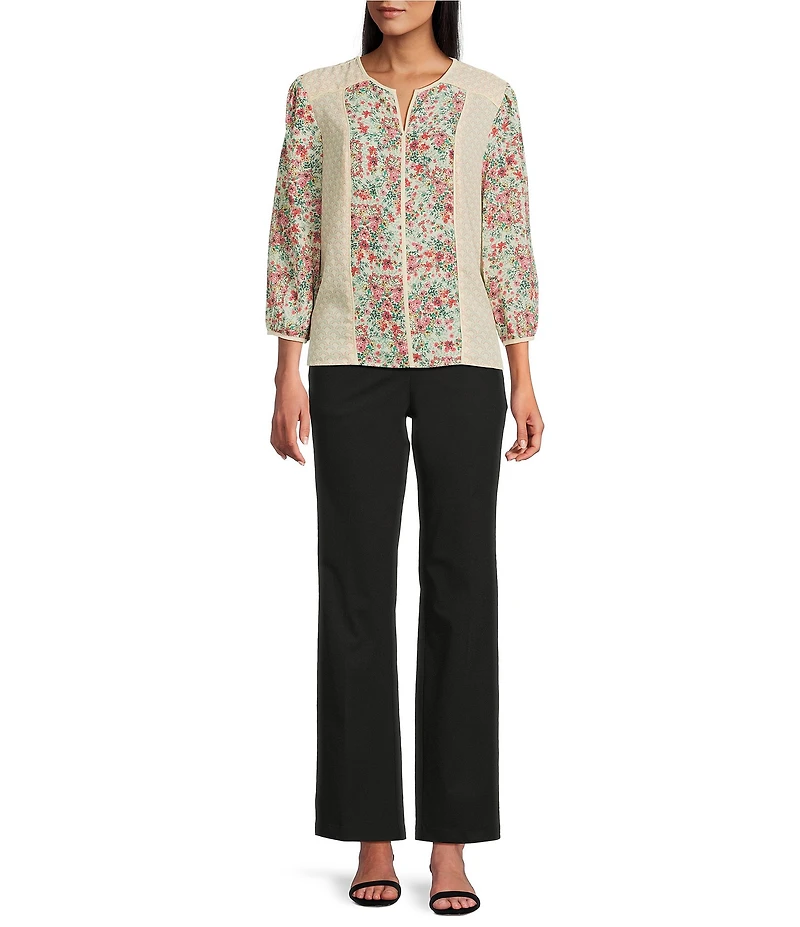 Investments Petite Size Geo Floral Mixed Print Woven 3/4 Sleeve Split Round Neck Blouse