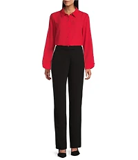 Investments Petite Size Haute Red Long Flounce Sleeve Point Collar Neck Top