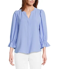 Investments Petite Size Julie 3/4 Sleeve Y-Neck Button Down Blouse