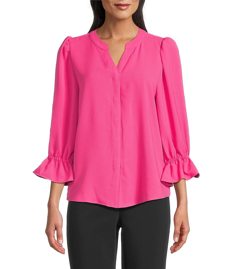 Investments Petite Size Julie 3/4 Sleeve Y-Neck Button Down Blouse