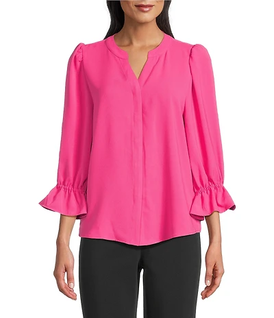 Investments Petite Size Julie 3/4 Sleeve Split V-Neck Button Down Blouse