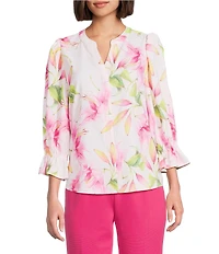 Investments Petite Size Julie Exploded Floral 3/4 Sleeve Y-Neck Button Down Blouse