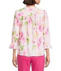Investments Petite Size Julie Exploded Floral 3/4 Sleeve Y-Neck Button Down Blouse