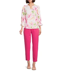 Investments Petite Size Julie Exploded Floral 3/4 Sleeve Y-Neck Button Down Blouse