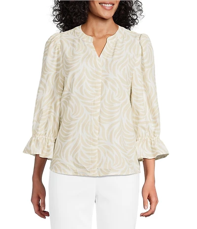 Investments Petite Size Julie Ivory Pebble Scroll 3/4 Sleeve Y-Neck Button Down Blouse