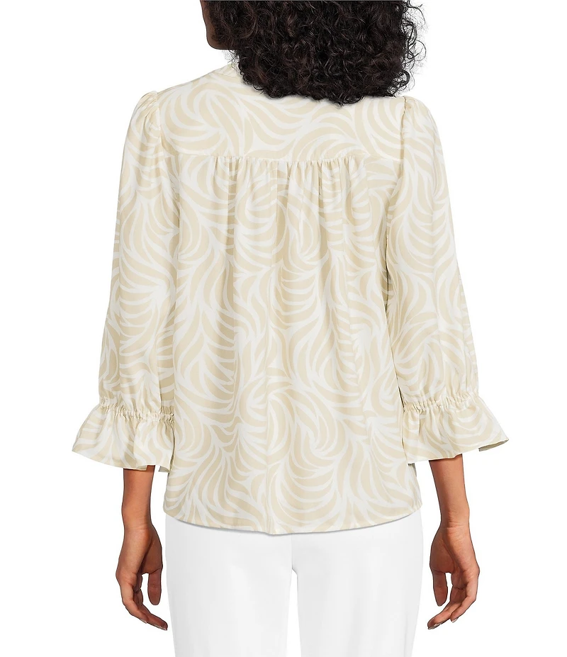 Investments Petite Size Julie Ivory Pebble Scroll 3/4 Sleeve Y-Neck Button Down Blouse