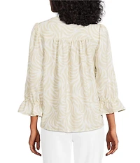 Investments Petite Size Julie Ivory Pebble Scroll 3/4 Sleeve Y-Neck Button Down Blouse