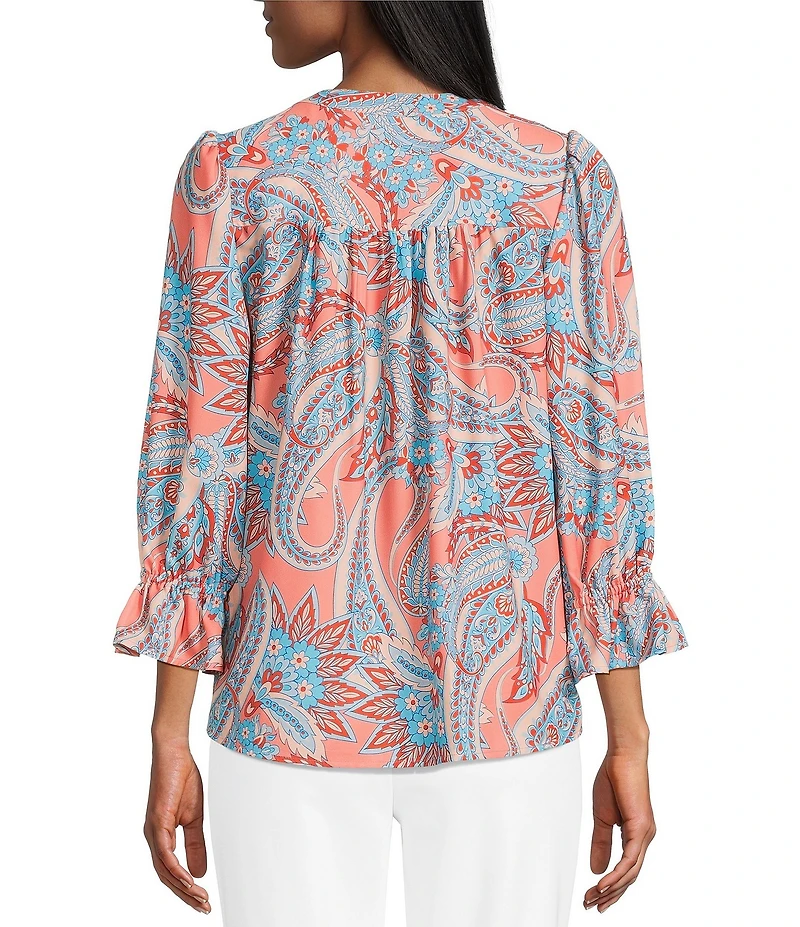 Investments Petite Size Julie Peach Echo Paisley 3/4 Sleeve Button Down Y-Neck Blouse