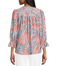 Investments Petite Size Julie Peach Echo Paisley 3/4 Sleeve Button Down Y-Neck Blouse