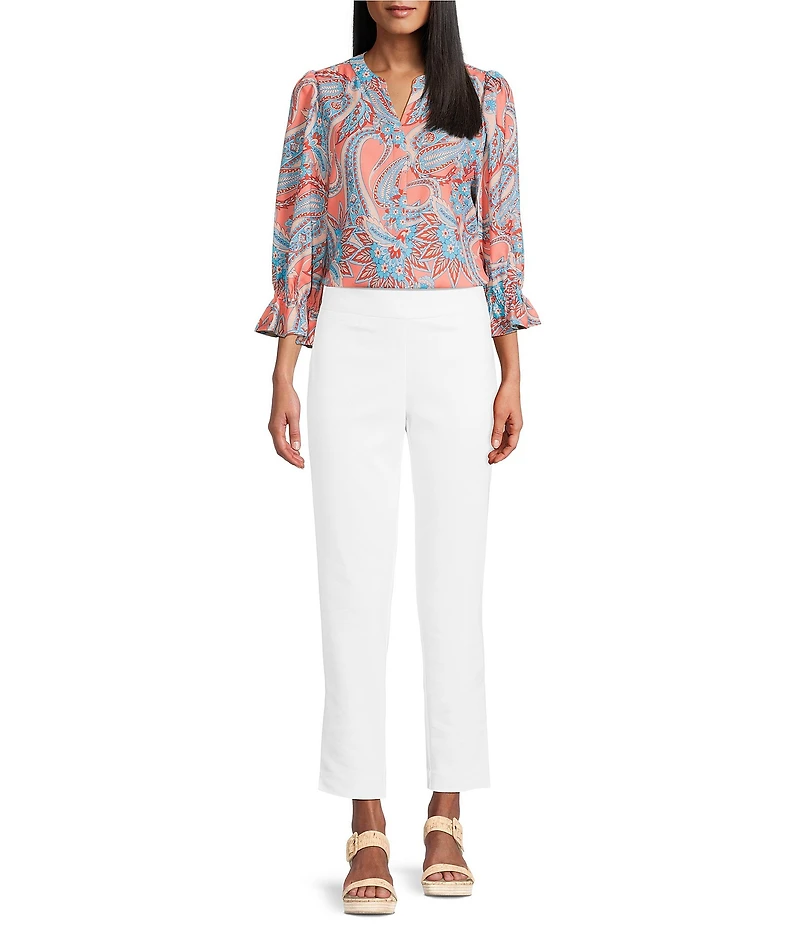 Investments Petite Size Julie Peach Echo Paisley 3/4 Sleeve Button Down Y-Neck Blouse