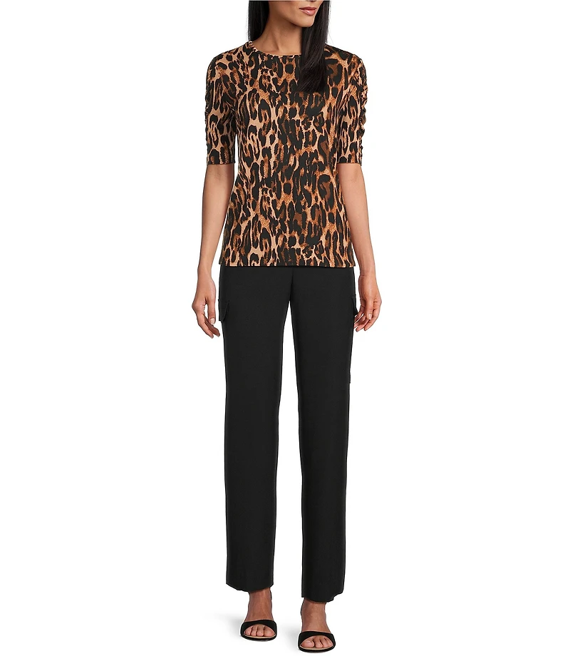 Investments Petite Size Knit Animal Print Elbow Length Sleeve Crew Neck Top