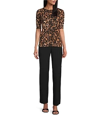 Investments Petite Size Knit Animal Print Elbow Length Sleeve Crew Neck Top
