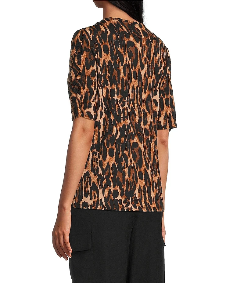 Investments Petite Size Knit Animal Print Elbow Length Sleeve Crew Neck Top