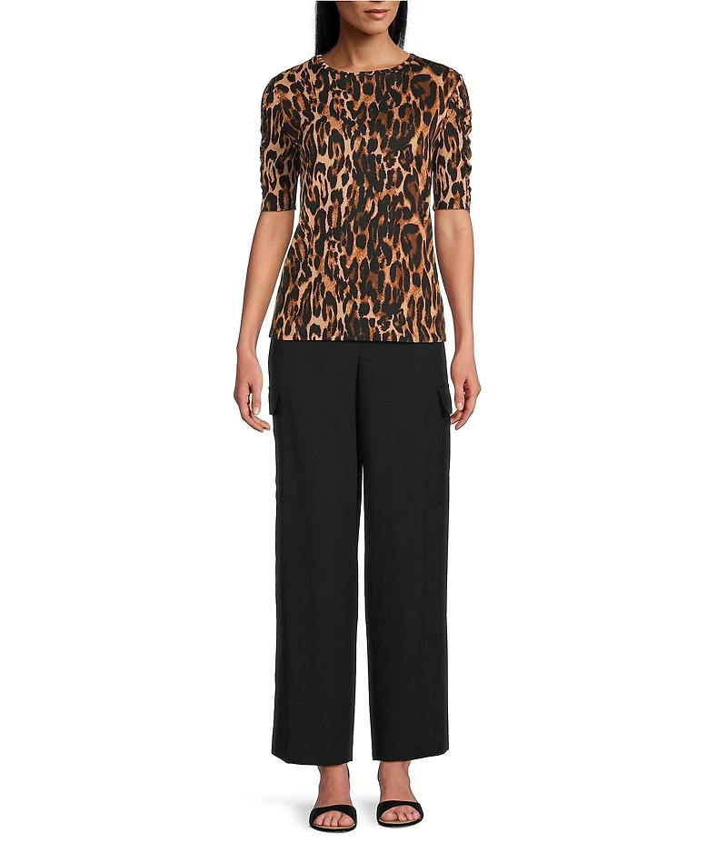 Investments Petite Size Knit Animal Print Elbow Length Sleeve Crew Neck Top