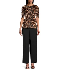 Investments Petite Size Knit Animal Print Elbow Length Sleeve Crew Neck Top