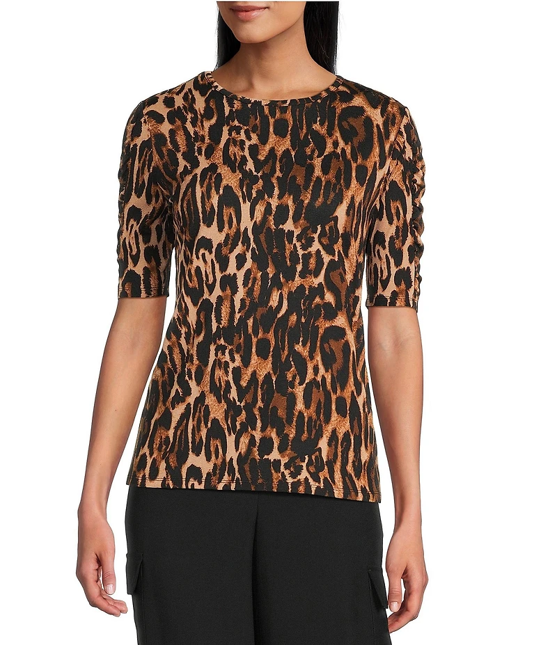 Investments Petite Size Knit Animal Print Elbow Length Sleeve Crew Neck Top