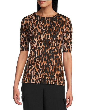Investments Petite Size Knit Animal Print Elbow Length Sleeve Crew Neck Top