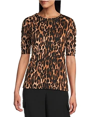 Investments Petite Size Knit Animal Print Elbow Length Sleeve Crew Neck Top
