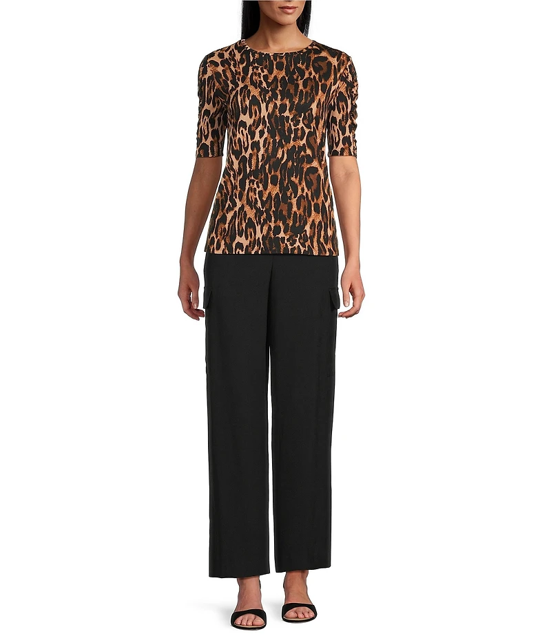 Investments Petite Size Knit Animal Print Elbow Length Sleeve Crew Neck Top