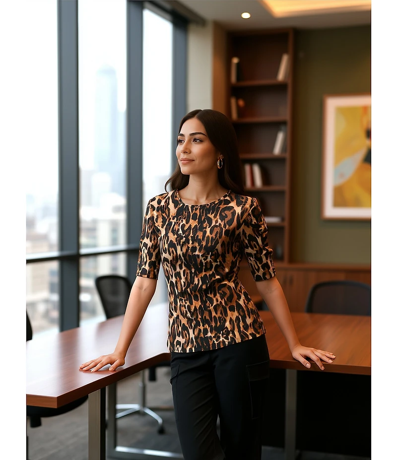 Investments Petite Size Knit Animal Print Elbow Length Sleeve Crew Neck Top